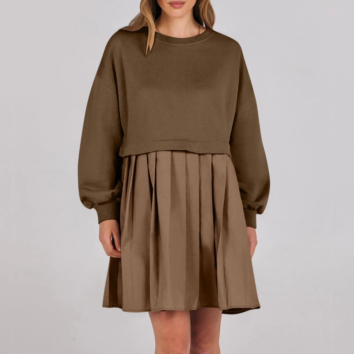 Women Sweatshirt Dress Long Sleeve Crewneck Pullover Loose Fit Tops Pleated Sweatshirts Dresses