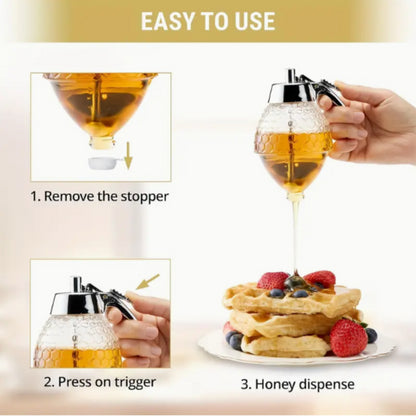 Leak-Proof Honey Dispenser with Rack for Syrup, Sauces, Seasonings - Durable, Easy to Clean, Multi-Purpose Plastic Design for Ki
