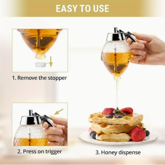 Leak-Proof Honey Dispenser with Rack for Syrup, Sauces, Seasonings - Durable, Easy to Clean, Multi-Purpose Plastic Design for Ki