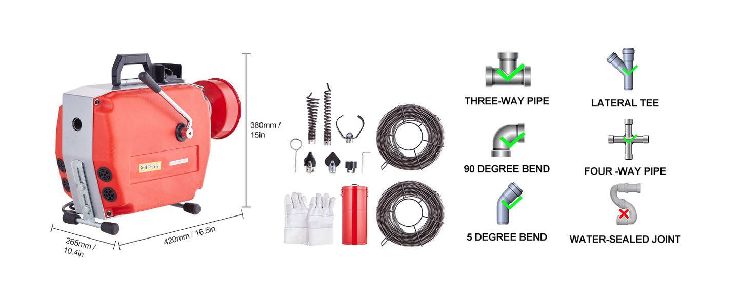 Drain Cleaner Machine Electric Sewer Snake Auger Manual Feed - with 7 Cutters 2 Steel Cables & CW/CCW Control for Pipes