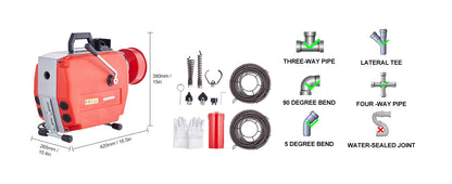 Drain Cleaner Machine Electric Sewer Snake Auger Manual Feed - with 7 Cutters 2 Steel Cables & CW/CCW Control for Pipes
