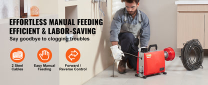 Drain Cleaner Machine Electric Sewer Snake Auger Manual Feed - with 7 Cutters 2 Steel Cables & CW/CCW Control for Pipes