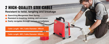 Drain Cleaner Machine Electric Sewer Snake Auger Manual Feed - with 7 Cutters 2 Steel Cables & CW/CCW Control for Pipes