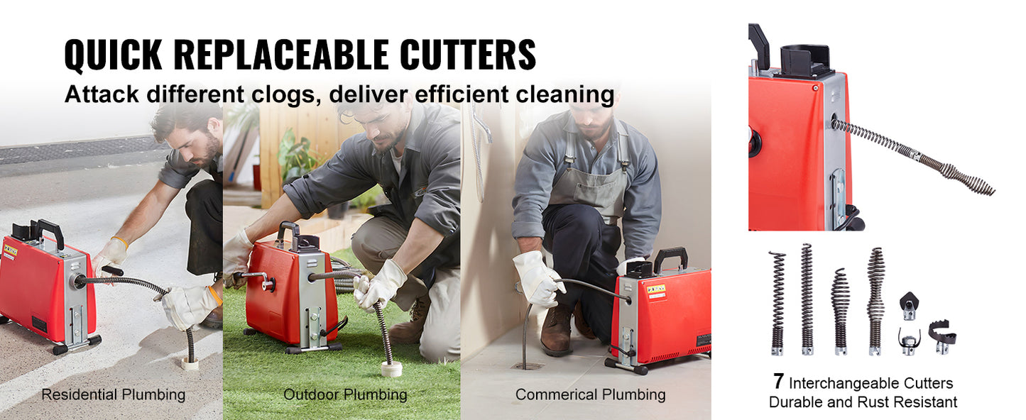 Drain Cleaner Machine Electric Sewer Snake Auger Manual Feed - with 7 Cutters 2 Steel Cables & CW/CCW Control for Pipes