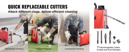 Drain Cleaner Machine Electric Sewer Snake Auger Manual Feed - with 7 Cutters 2 Steel Cables & CW/CCW Control for Pipes