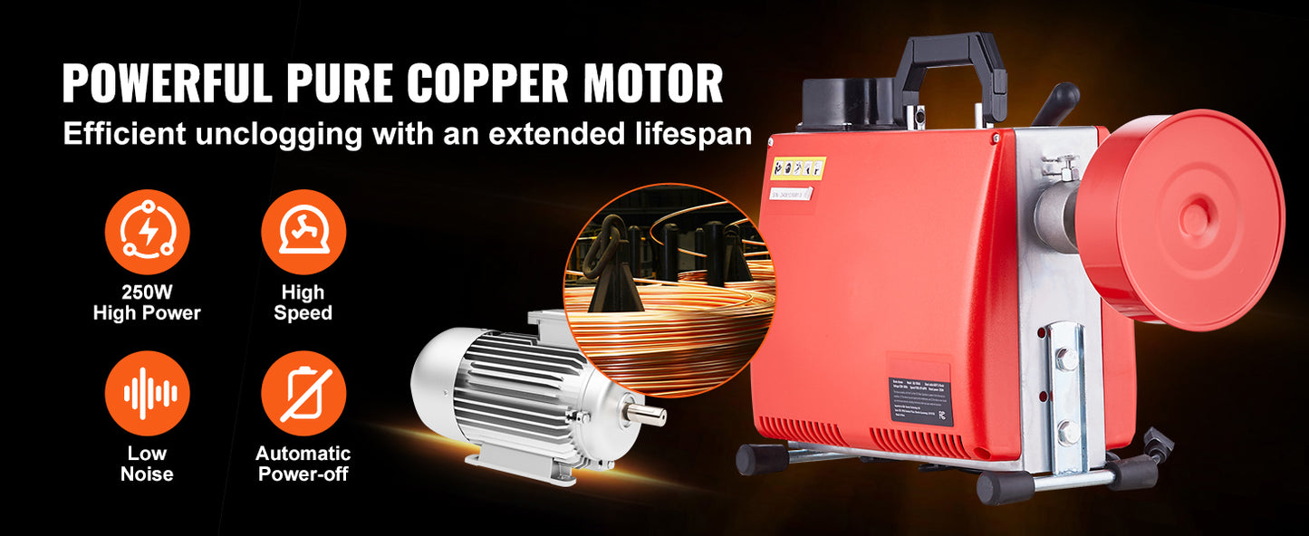 Drain Cleaner Machine Electric Sewer Snake Auger Manual Feed - with 7 Cutters 2 Steel Cables & CW/CCW Control for Pipes