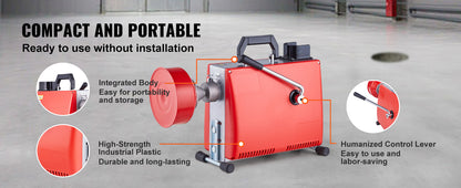Drain Cleaner Machine Electric Sewer Snake Auger Manual Feed - with 7 Cutters 2 Steel Cables & CW/CCW Control for Pipes